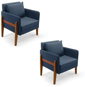 Kit 02 Poltronas Lana Suede Base de Madeira D03 - D'Rossi - Azul Marinho