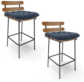 Kit 02 Banquetas Costela Suede Azul Marinho Base Metálica Preto - D'Rossi