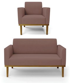 Conjunto Poltrona e Namoradeira Decorativa Isabella Pés Fixo em Madeira Castanho Veludo Rose G19 - Gran Belo