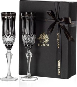 Kit Presente de 2 Taças de Cristal p/ Champagne Strauss Lapidado 240ml Preto