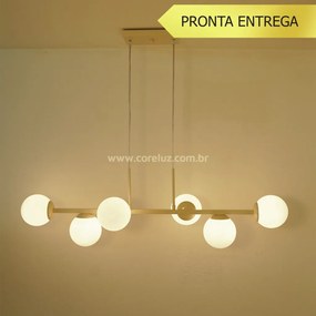 Pendente Six Retângular 124X25,5X27Cm Alumínio E Globo Ø12Cm Fosco 6Xg... (CHAMPANHE, FOSCO)