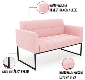 Kit 1 Sofá Namoradeira e 1 Poltrona Elisa Suede Rosa Bebê Base Metálica Industrial Preto D03 - D'Rossi