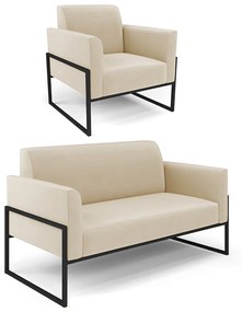 Sofá Namoradeira com Poltrona Base Industrial Alta Preto Marisa Suede D03 - D'Rossi - Bege