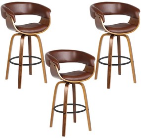 Kit 03 Banquetas para Cozinha Giratória Brenna Base Madeira PU Sintético Marrom G56 - Gran Belo