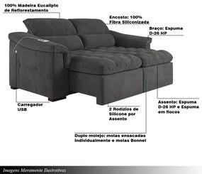 Sofá 2 Lugares 219cm Retrátil e Reclinável Com USB Next Veludo Grafite G46 - Gran Belo