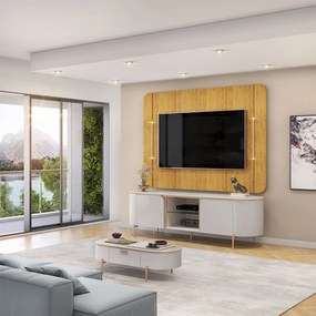 Painel e Bancada TV 65" 2 Portas Deep Luminárias Douradas Pés Metálicos Bali/Cedro G18 - Gran Belo