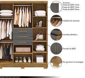 Guarda Roupa Casal Belga 6 Portas de Bater 3 Gavetas com Cabideiros Nature/Chumbo G98 - Gran Belo