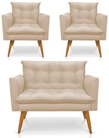 Kit 1 Sofá Namoradeira e 2 Poltronas Tais Suede Pés Palito Castanho - D'Rossi - Bege
