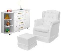 Poltrona de Amamentação Balanço Puff Alice e Cômoda Laura Z39 Branco -