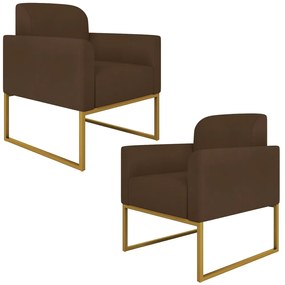 Kit 2 Poltronas Decorativas Isabella Base Industrial Suede Marrom/Dourado G19