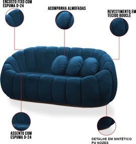 Sofá 2 Lugares com Puff e Poltrona Orgânica Fixa Cloud Bouclê E03 - D'Rossi - Azul Marinho