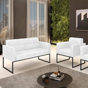 Kit 1 Sofá Namoradeira e 1 Poltrona Elisa Corano Branco Base Metálica Industrial Preto - D'Rossi