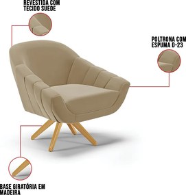 Poltrona Giratória Giovana Suede Base Madeira MA30 D03 - D'Rossi - Marrom Rato