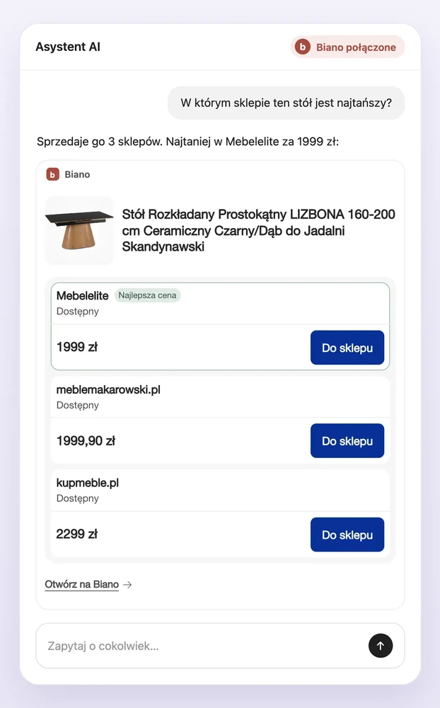 Biano w asystencie AI: porównanie cen jednego stołu w kilku sklepach