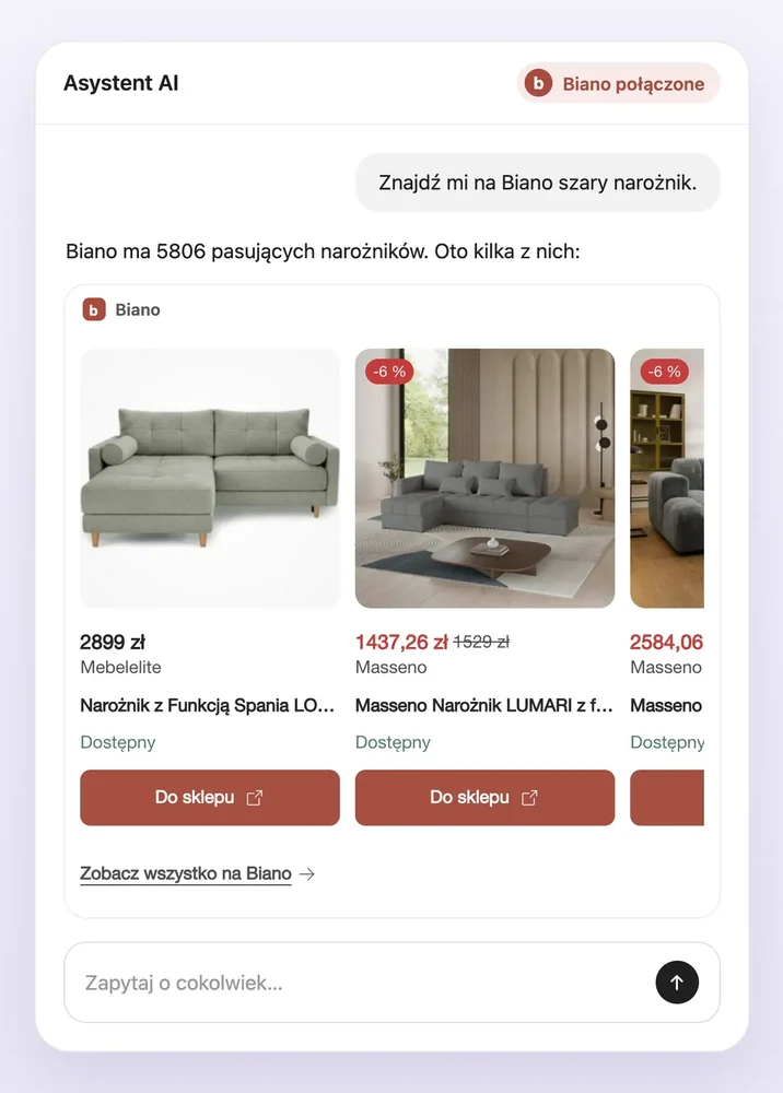 Biano w asystencie AI: karty narożników z ceną, sklepem i przyciskiem do sklepu