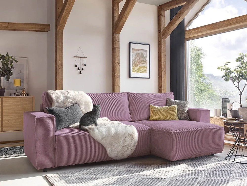 Różowy sztruksowy rozkładany narożnik (strona zmienna) Nihad – Bobochic Paris