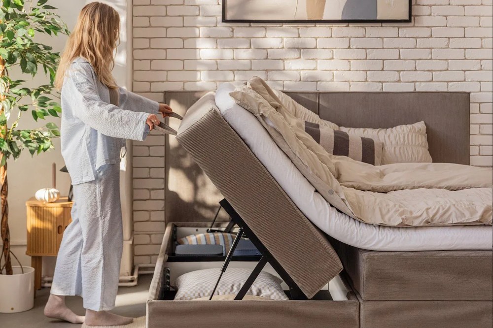 Szarobrązowe łóżko kontynentalne ze schowkiem 180x200 cm Elva Bold – Bonami Selection