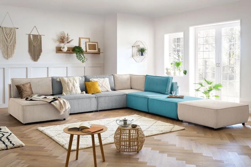 Niebieski sztruksowy podnóżek Nihad modular – Bobochic Paris