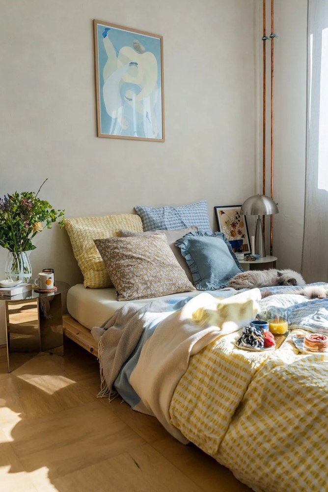 Żółto-biała pościel jednoosobowa z kory 140x200 cm Bæk&amp;Bølge – JUNA