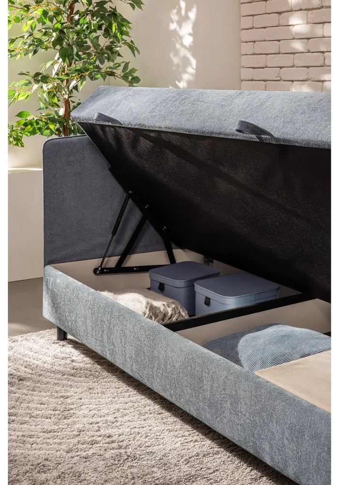 Niebieskie tapicerowane łóżko jednoosobowe ze schowkiem i materacem 90x200 cm Avela – Bonami Selection