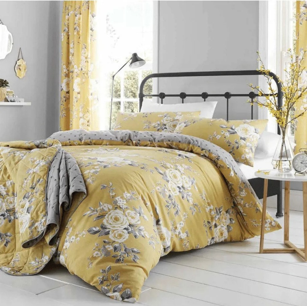 Żółta pościel z kwiatowym motywem Catherine Lansfield, 135x200 cm