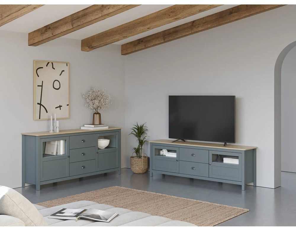 Szarozielona szafka pod TV z litego drewna sosnowego 180x59x40 cm Misti – Marckeric