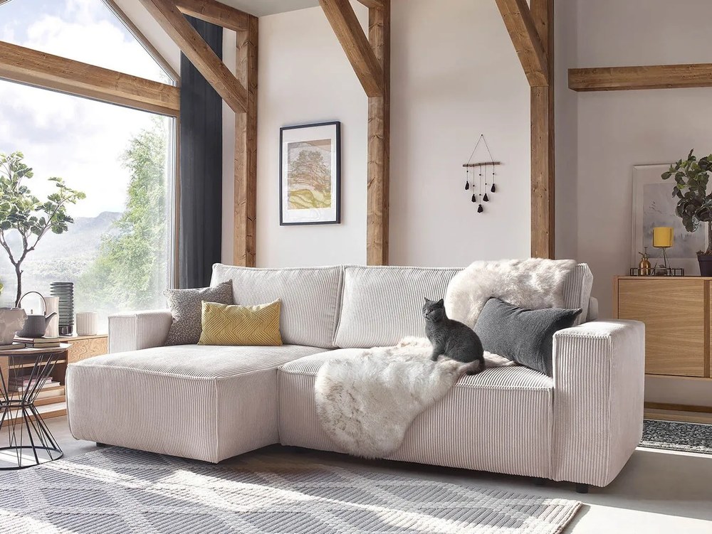 Białobeżowy sztruksowy rozkładany narożnik (strona zmienna) Nihad – Bobochic Paris