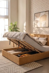 Musztardowe tapicerowane łóżko dwuosobowe ze schowkiem i stelażem 160x200 cm Thessa Bold Line – Bonami Selection