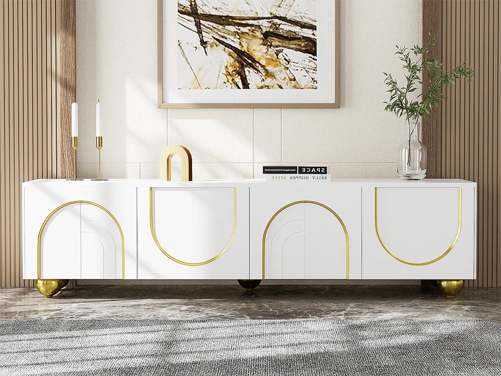 Nowoczesny mebel TV - z regulowanymi półkami - z płyt wiórowych - Biały i Złoty