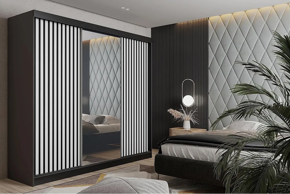 Szafa przesuwna z lustrem lamele MALANI 200 - czarny + biały