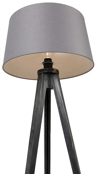Lampa stojąca Tripod czarna z abażurem lnianym ciemnoszarym 45 cm - Tripod Classic klasyczny/Antyczny Oswietlenie wewnetrzne