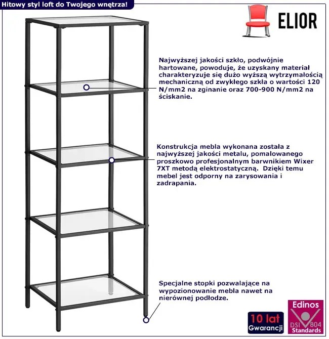 Czarny metalowy szklany regał z 5 półkami w stylu loft C1-C88
