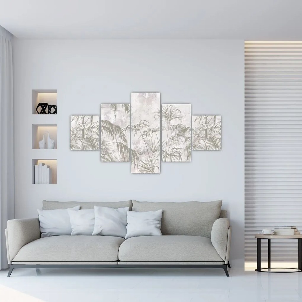 Obraz - Tropikalne rośliny na ścianie w kolorze szarym (125x70 cm)