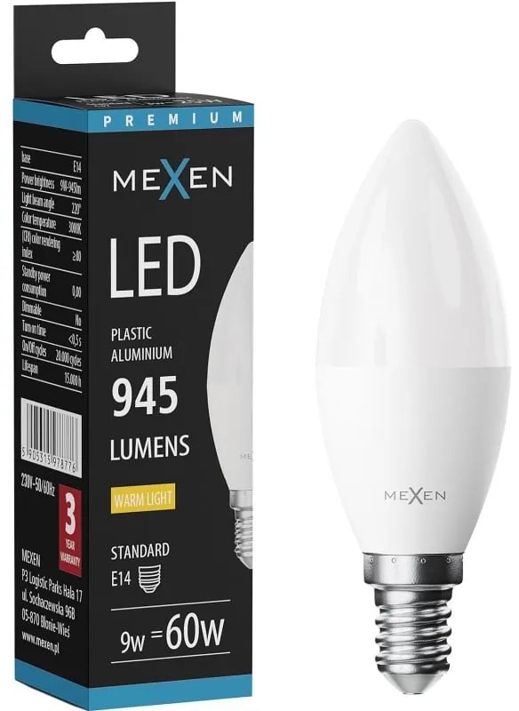 Mexen Nova żarówka LED E14, C37, 9W, Ciepła - 3000K, 945 lm - L102-E14-0930-01