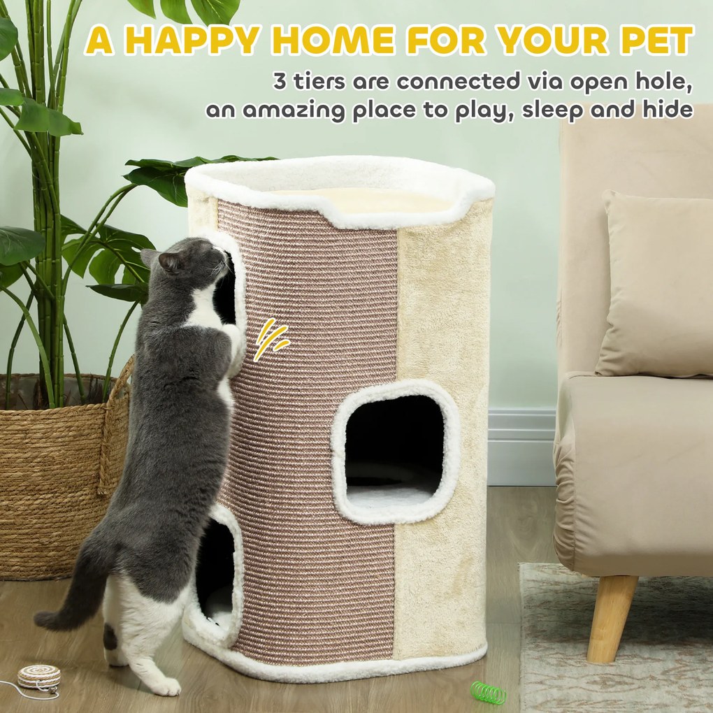 PawHut Beżowa Beczka Do Drapania Dla Kota, 3 Poziomy, Robusta, Miękki Plusz, Kryjówka, Beżowy