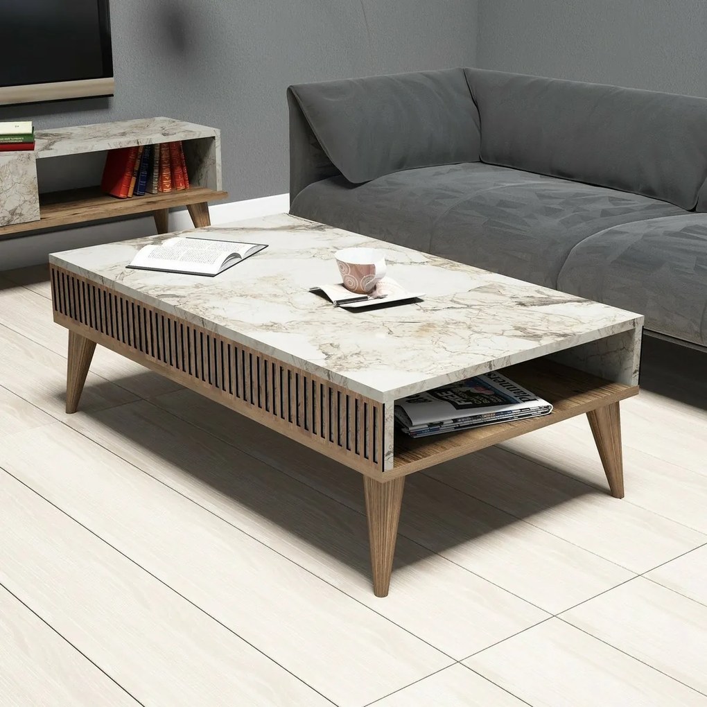 Stolik konferencyjny Mila White Marble and Walnut