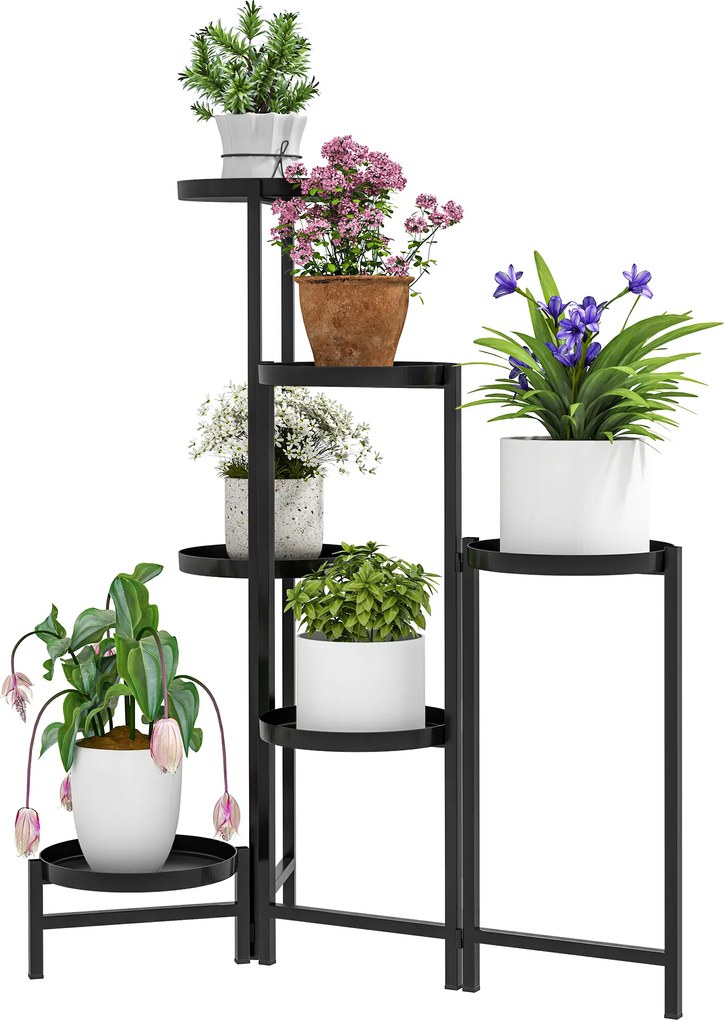 Outsunny Stojak na doniczki, stojak na rośliny z 6 regulowanymi okrągłymi poziomami, rośliny stojące na rogu, Metal, Czarny