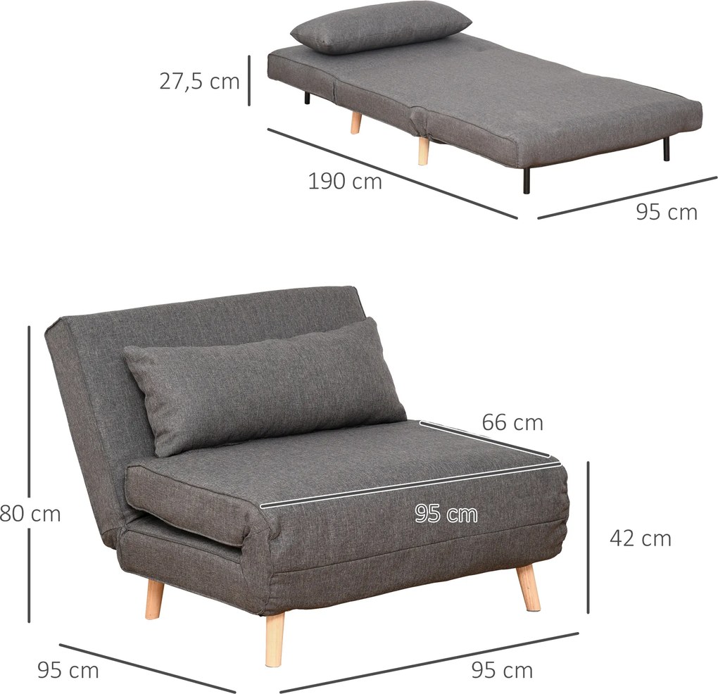 Sofa jednoosobowa rozkładana szara z regulowanym oparciem styl skandynawski do małych wnętrz | Aosom PL