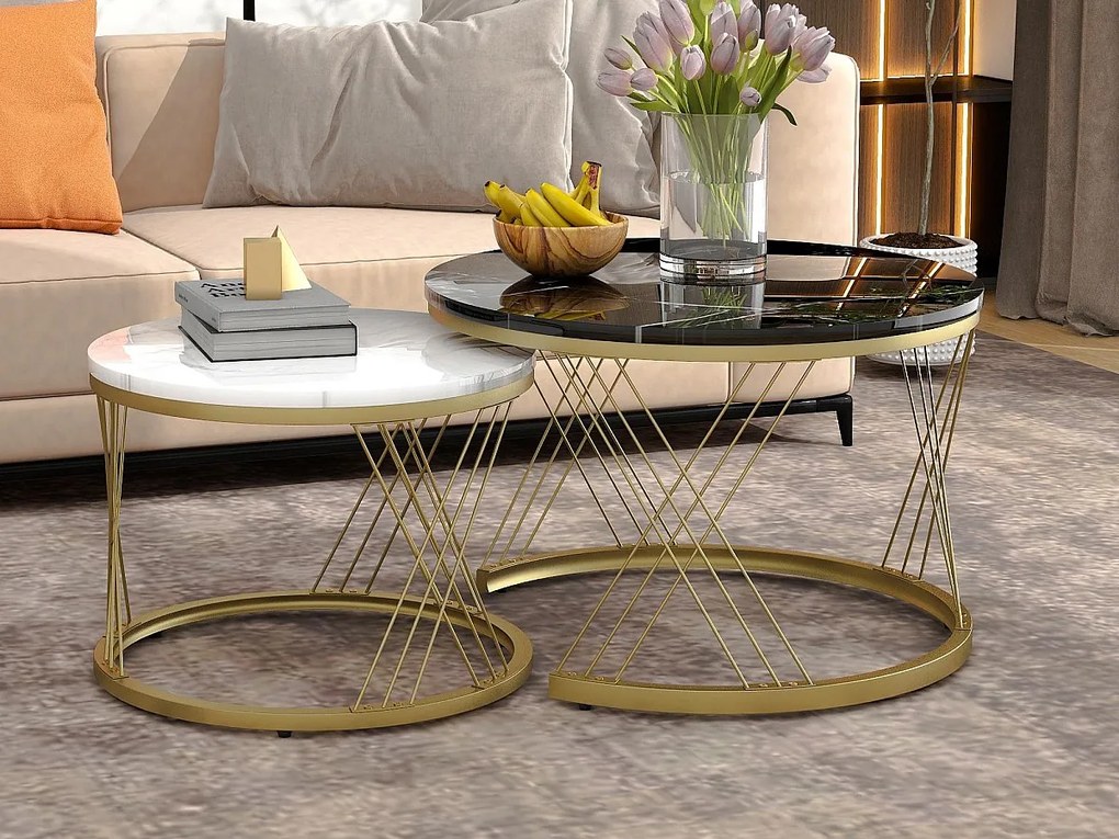 Zestaw 2 stolików nocnych - okleina w marmurowy wzór - metalowa konstrukcja - czarny