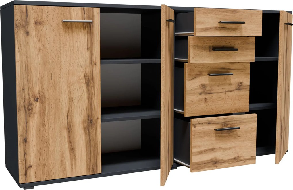 Długa komoda z szufladami i półkami grafit + dąb wotan T0-S51