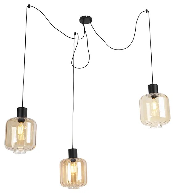 Designerska lampa wisząca czarna z bursztynowym szkłem 3-światłowa 226 cm - QaraDesignerski Oswietlenie wewnetrzne