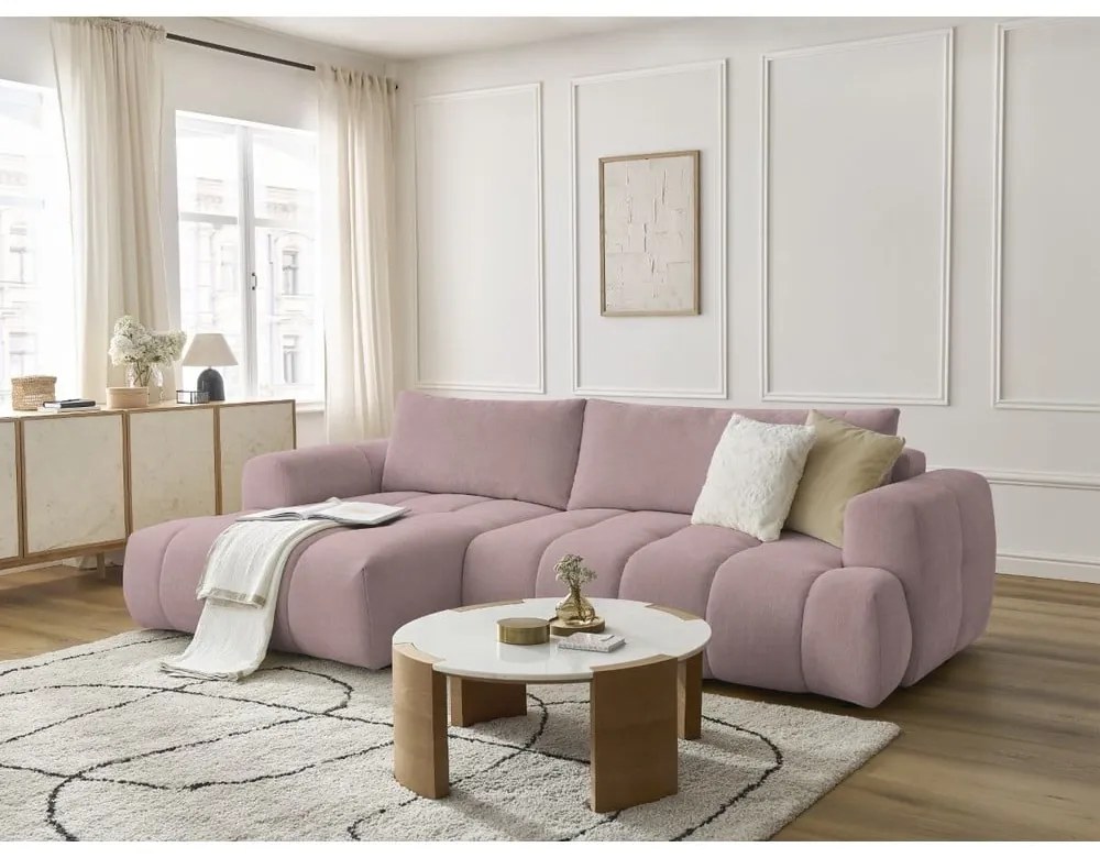 Różowy rozkładany/ze schowkiem narożnik (lewostronny/z szezlongiem) Fuji – Bobochic Paris