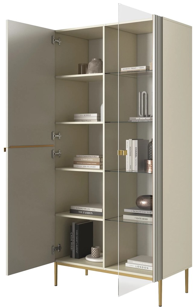 Witryna Nicole 100 cm z ryflowanym frontem - kaszmir / złote nóżki