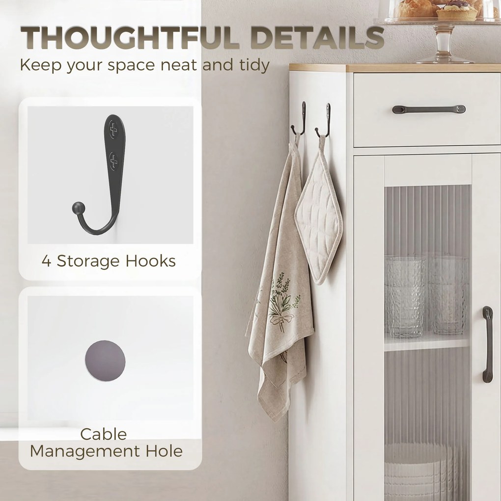 HOMCOM Kredens kuchenny z szufladą, 2 szafkami, otwartą półką, prążkowanymi drzwiami z akrylu 80 x 34 x 91 cm Biały + Dąb | Aosom PL