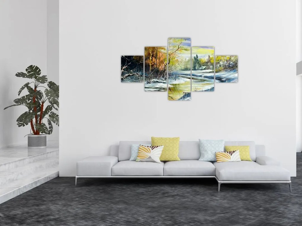 Obraz zimowej rzeki, obraz olejny (125x70 cm)