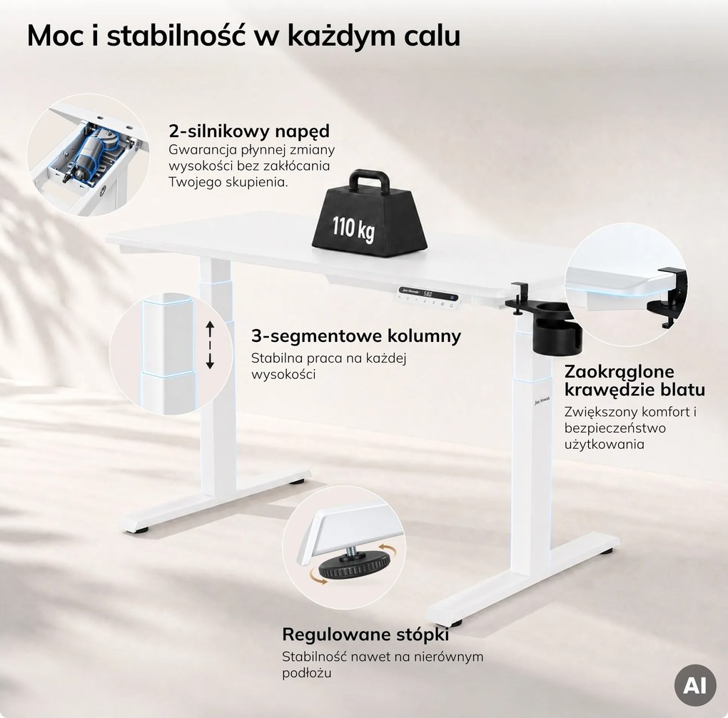 Biurko elektryczne z regulacją wysokości ergonomiczne białe,1200x600 mm: ARIA