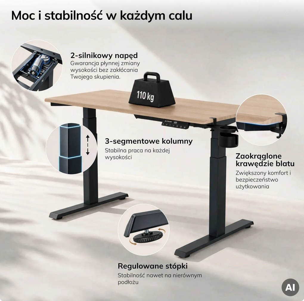 Biurko elektryczne z regulacją wysokości ergonomiczne antracytowe/dąb sonoma,1200x600 mm: ARIA