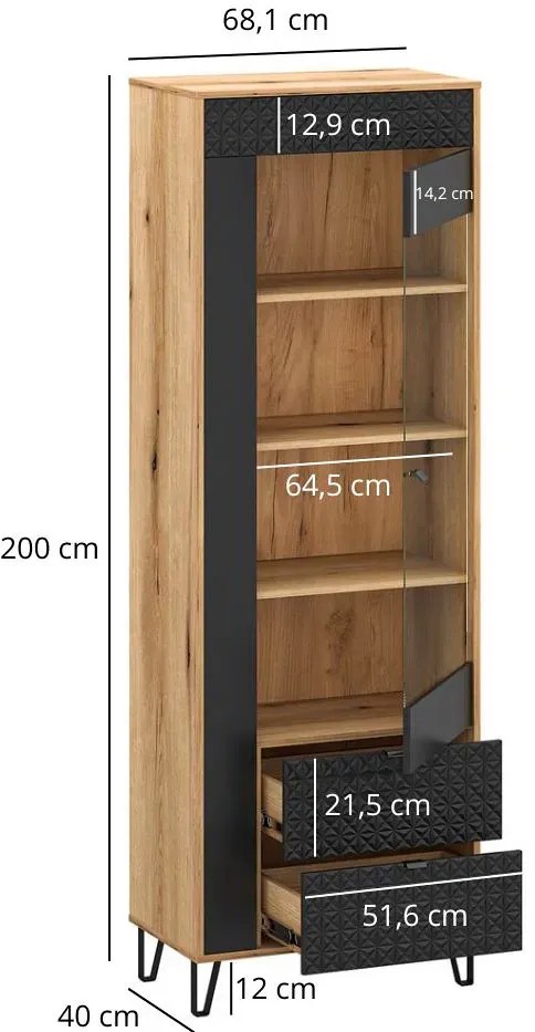 Wysoka witryna szklana na nóżkach dąb evok + czarny A6-R71