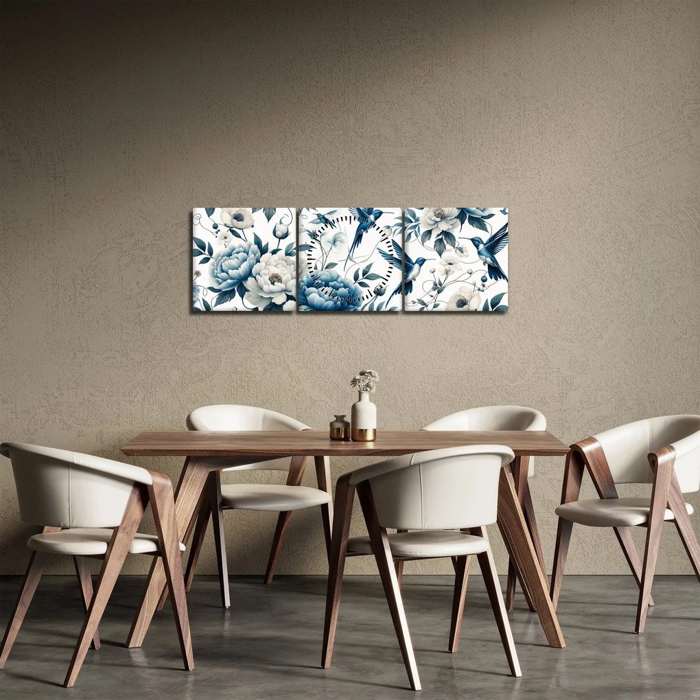 Obraz - Kolibry z kwiatami (z zegarem) (90x30 cm)