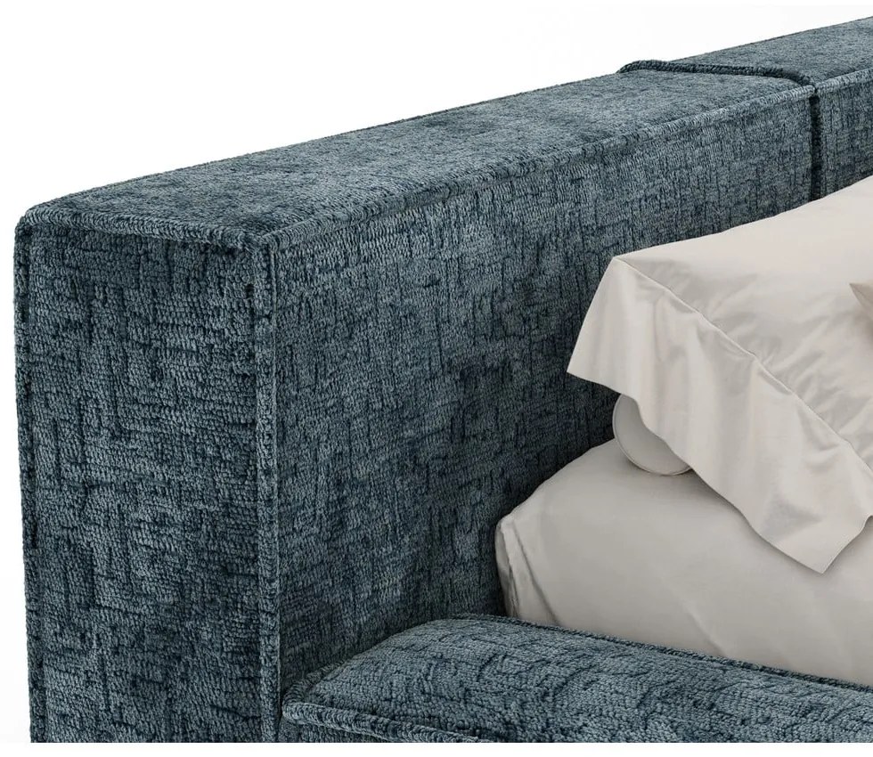 Szaroniebieskie tapicerowane łóżko dwuosobowe ze schowkiem i stelażem 200x200 cm Voliera – Maison de Rêve